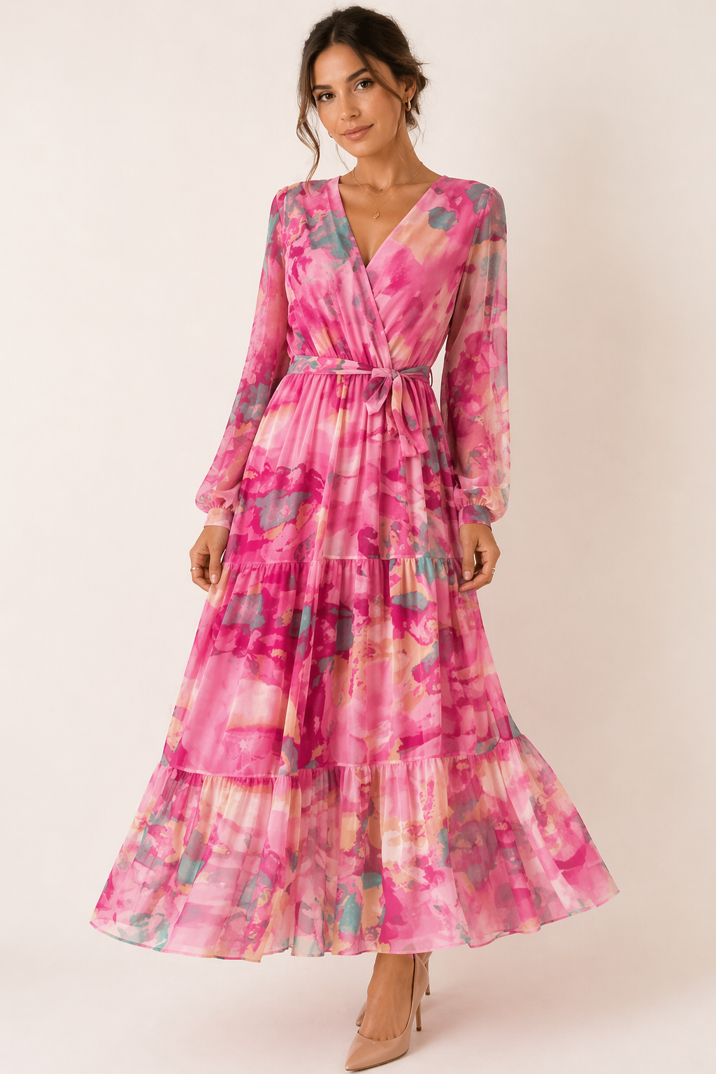 Robe midi florale à manches longues printemps femme - Paola