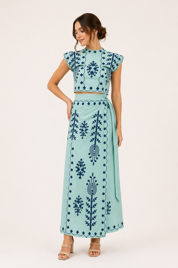 Ensemble jupe midi et top court brodés pour femme - Rita
