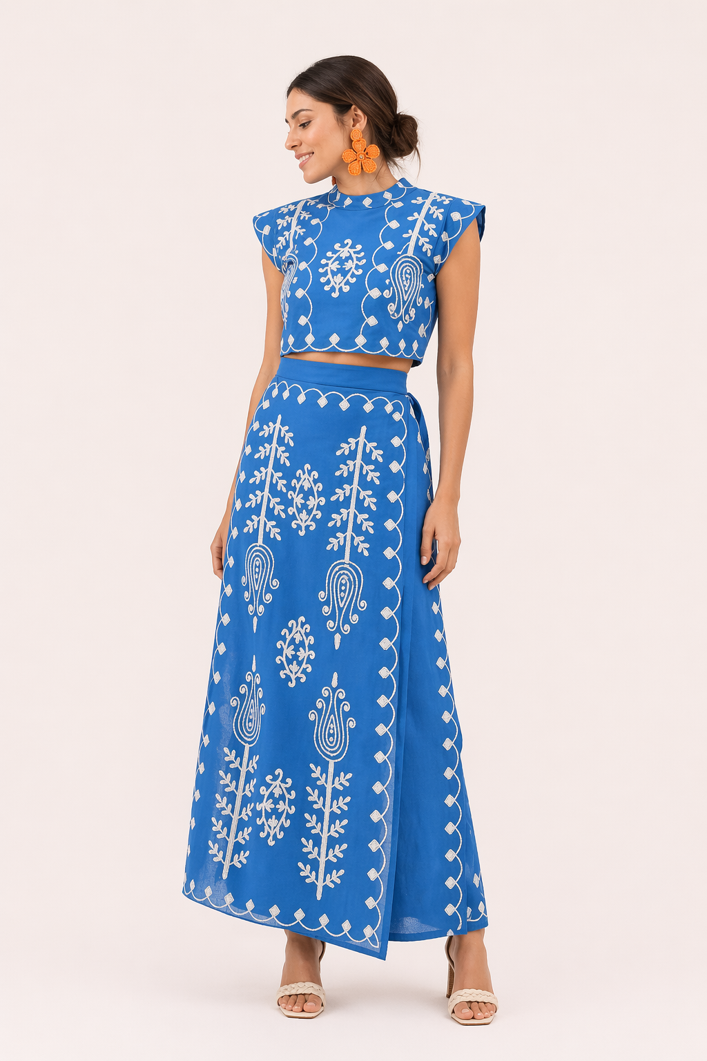 Ensemble jupe midi et top court brodés pour femme - Rita
