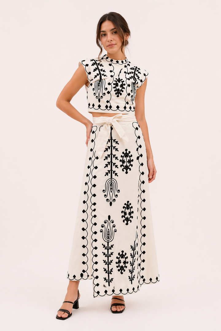 Ensemble jupe midi et top court brodés pour femme - Rita