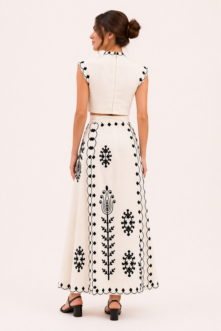 Ensemble jupe midi et top court brodés pour femme - Rita