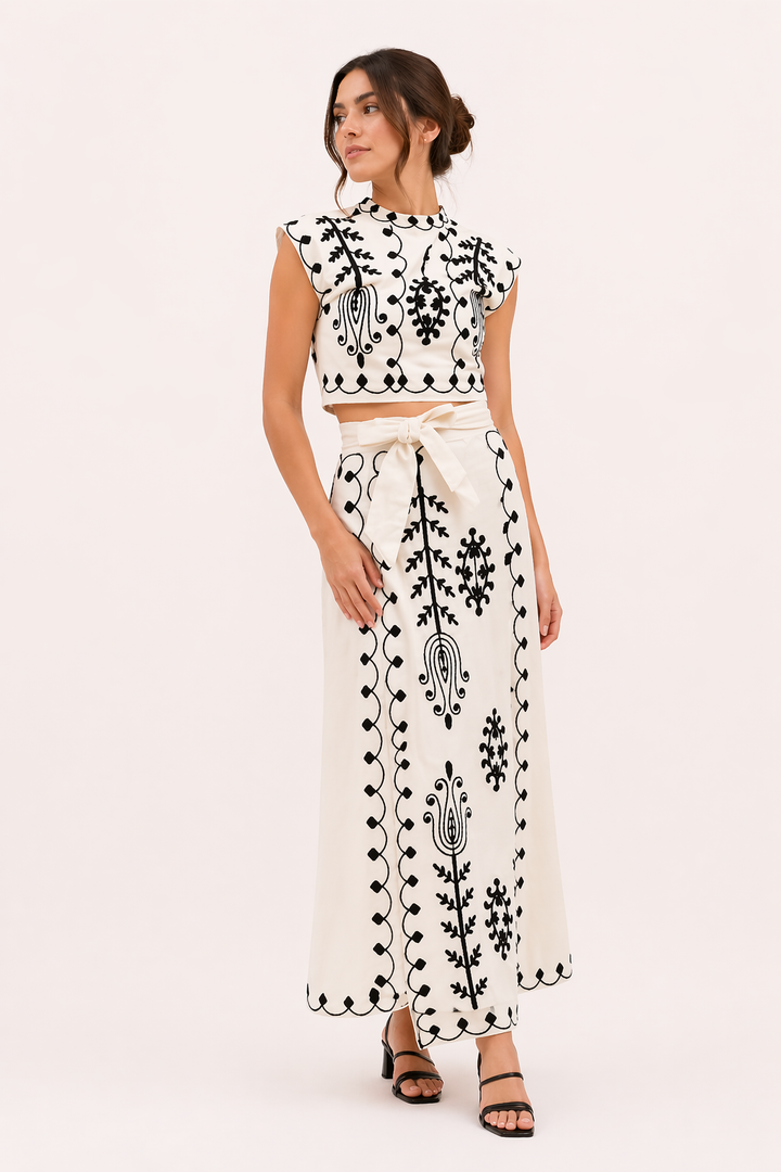 Ensemble jupe midi et top court brodés pour femme - Rita