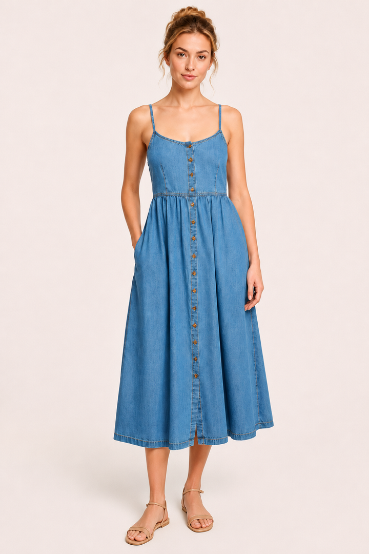 Robe midi en denim avec boutons pour femme - Hanneli