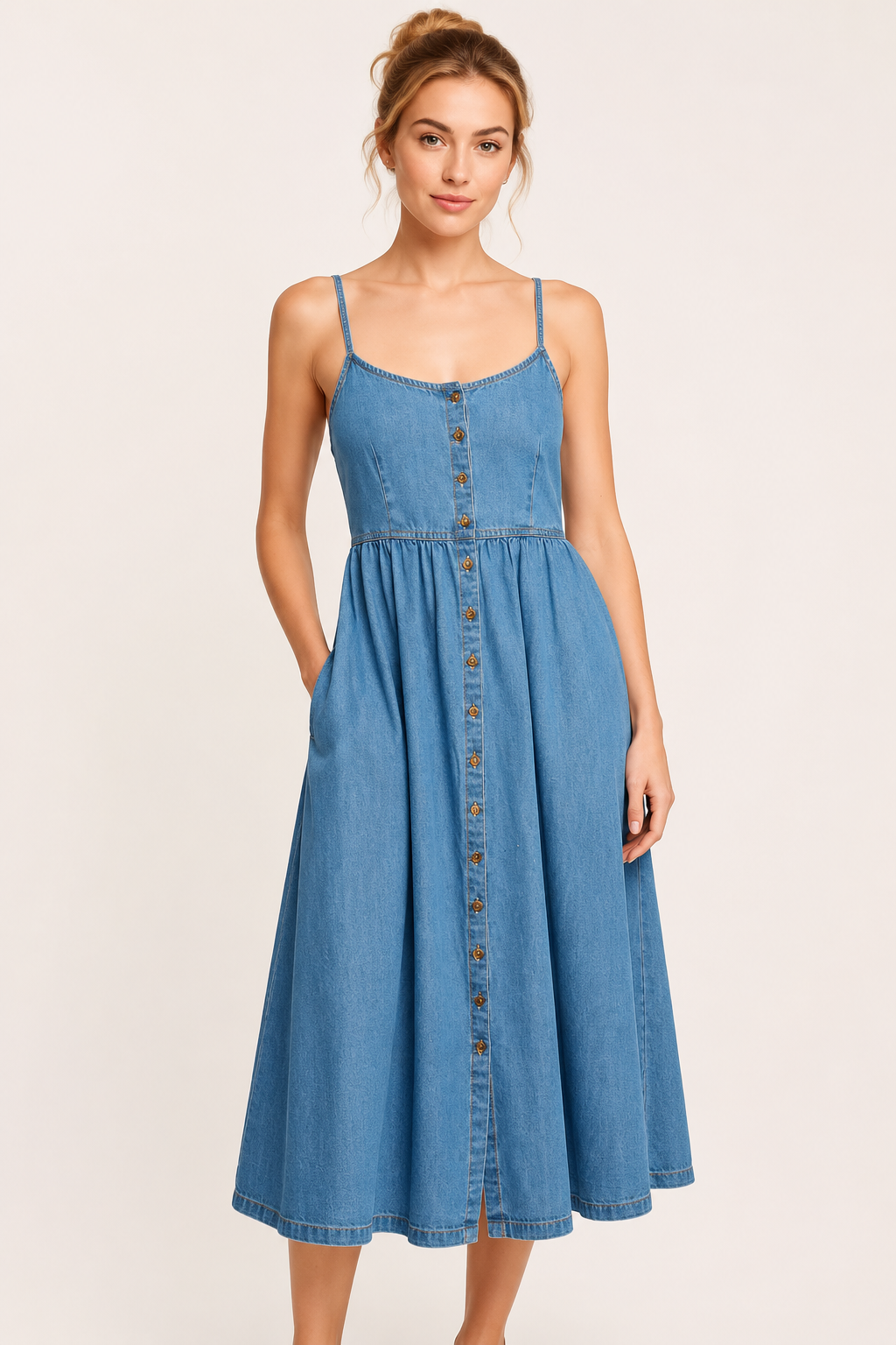 Robe midi en denim avec boutons pour femme - Hanneli