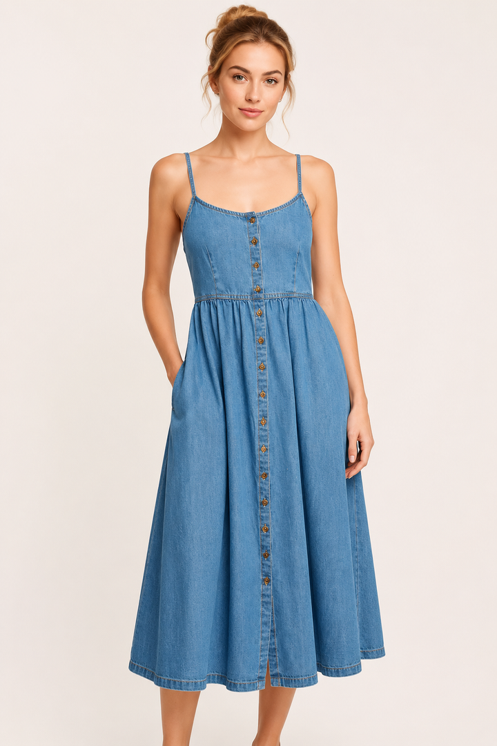 Robe midi en denim avec boutons pour femme - Hanneli