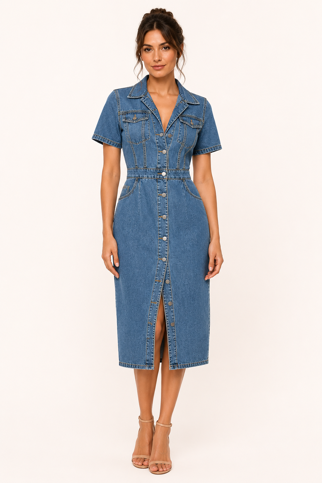 Robe midi en denim pour femme avec boutons de coupe étroite - Elara