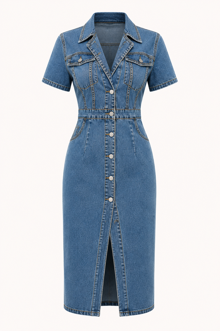 Robe midi en denim pour femme avec boutons de coupe étroite - Elara