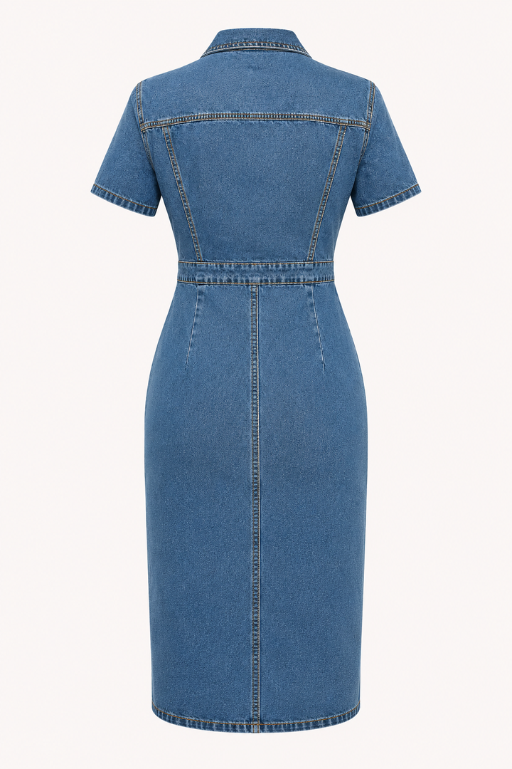 Robe midi en denim pour femme avec boutons de coupe étroite - Elara