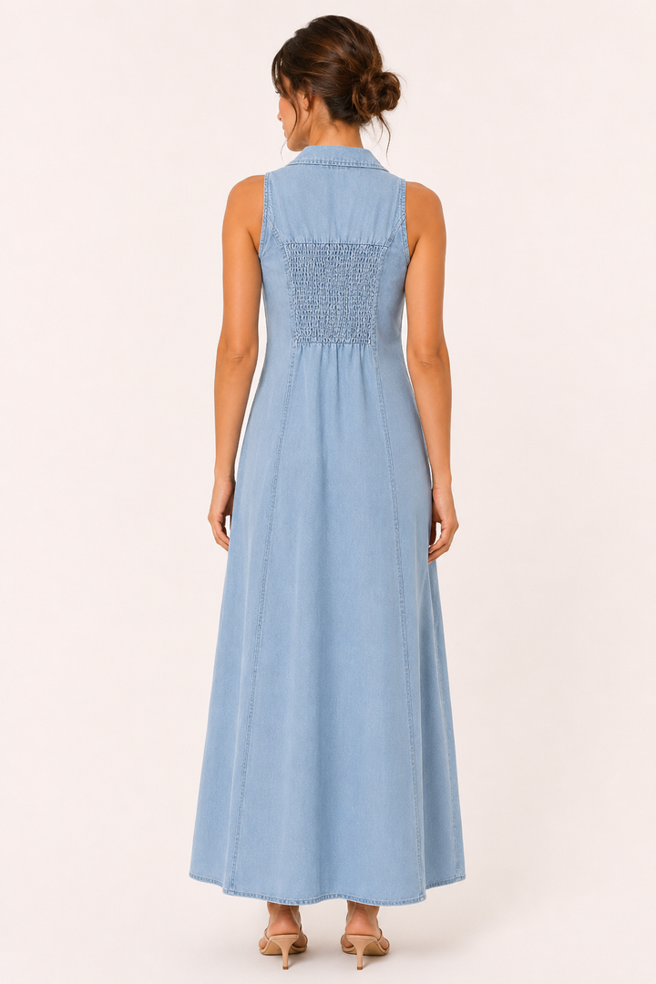 Robe boutonnée décontractée sans manches en denim - Elara