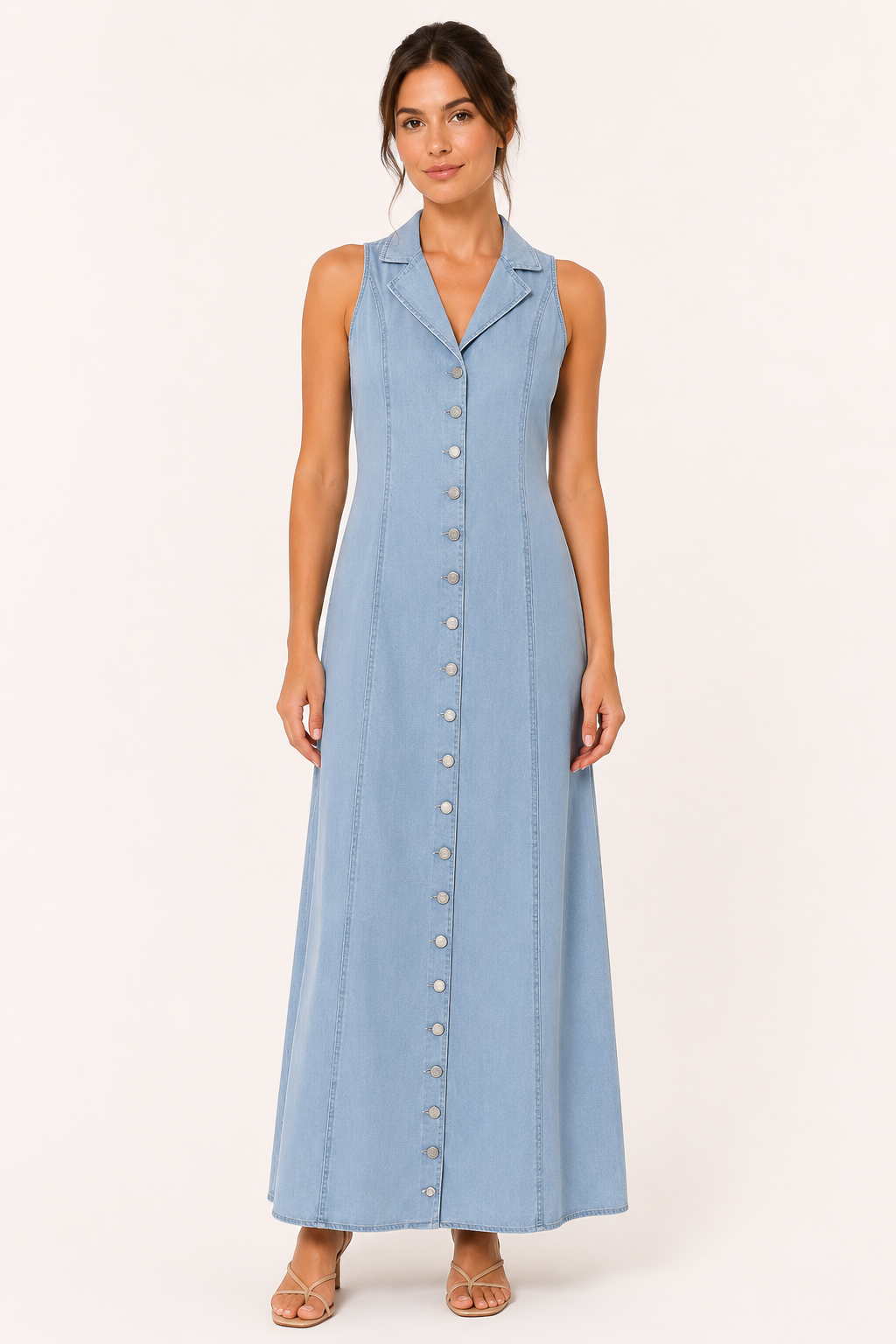 Robe boutonnée décontractée sans manches en denim - Elara