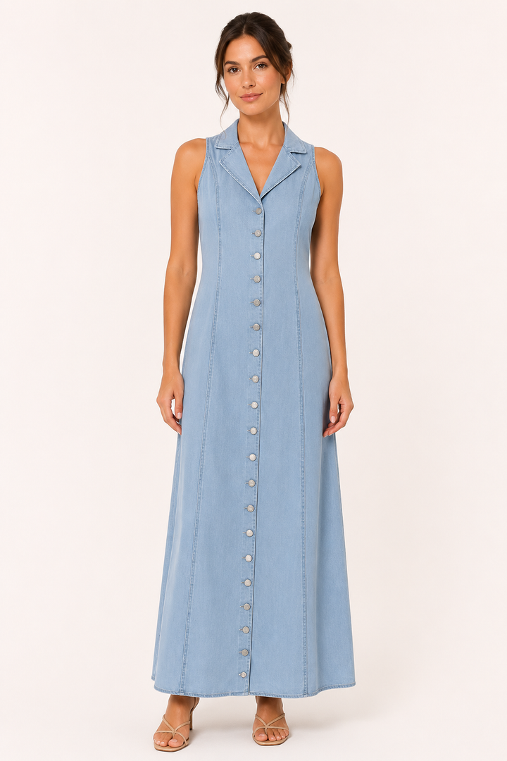 Robe boutonnée décontractée sans manches en denim - Elara