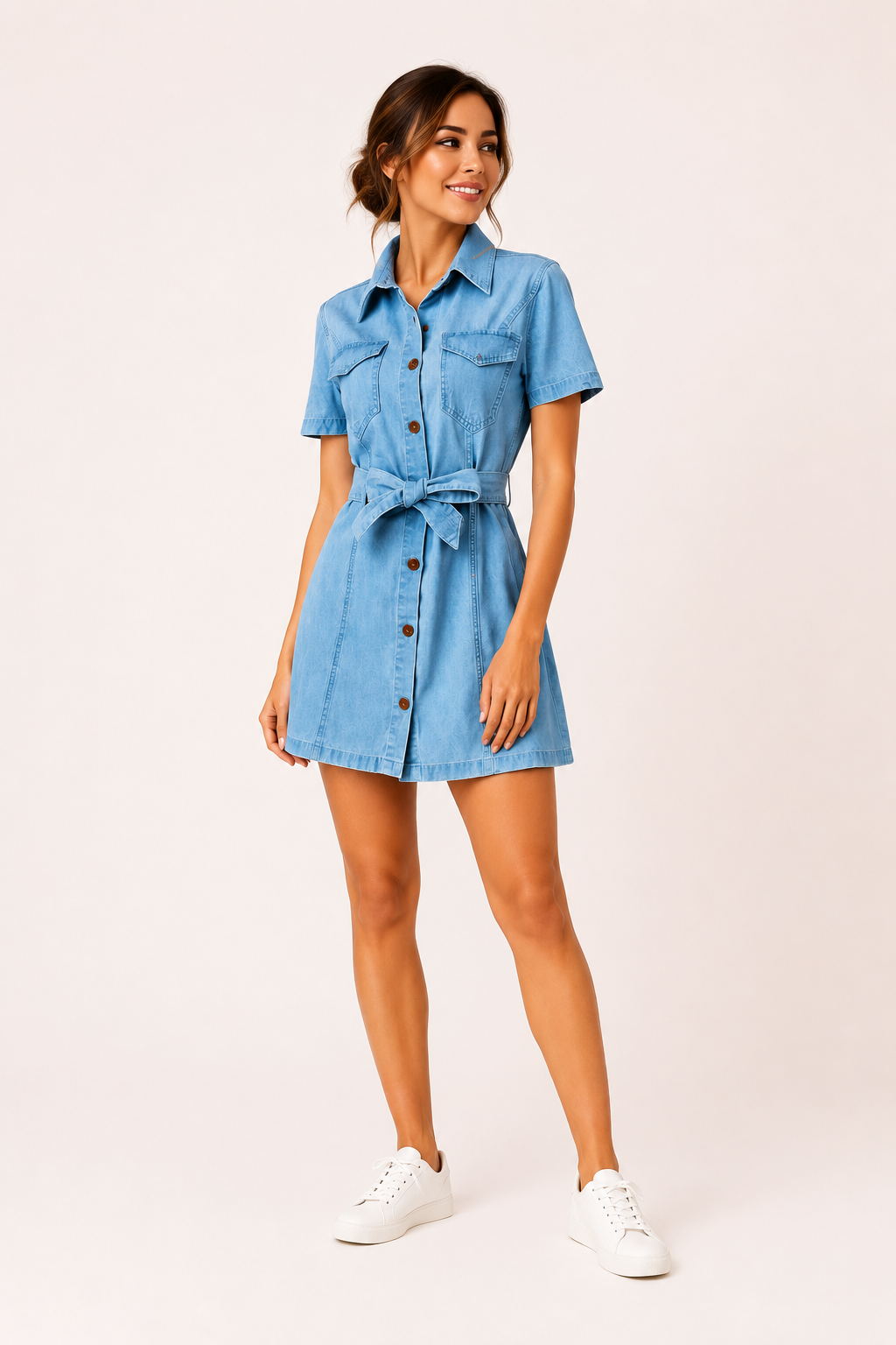 Robe courte en jean femme robe courte boutons ceinture décontractée - Tabea