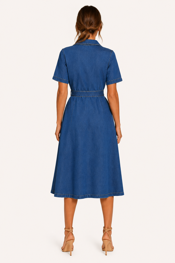 Robe midi femme denim casual ceinturée boutons - Klara