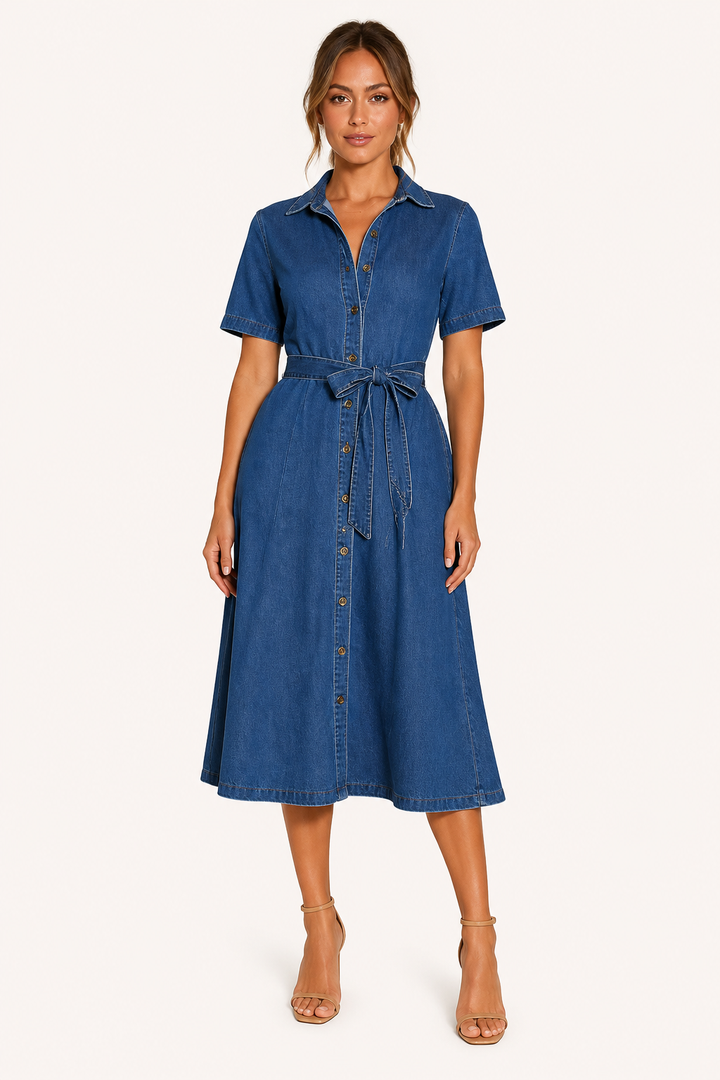 Robe midi femme denim casual ceinturée boutons - Klara
