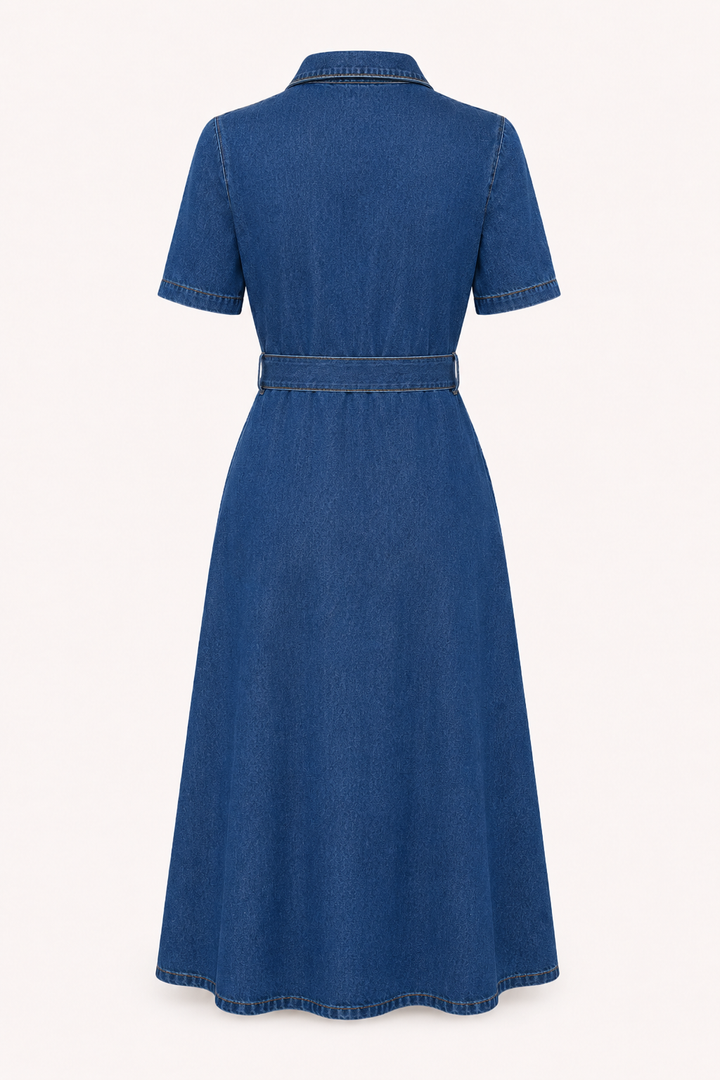 Robe midi femme denim casual ceinturée boutons - Klara