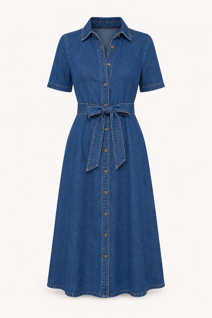 Robe midi femme denim casual ceinturée boutons - Klara
