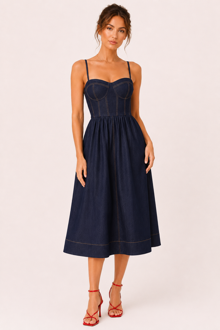 Robe midi en denim à encolure en cœur pour femme - Helene