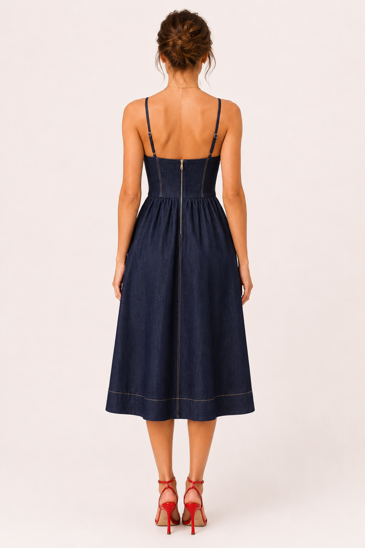Robe midi en denim à encolure en cœur pour femme - Helene