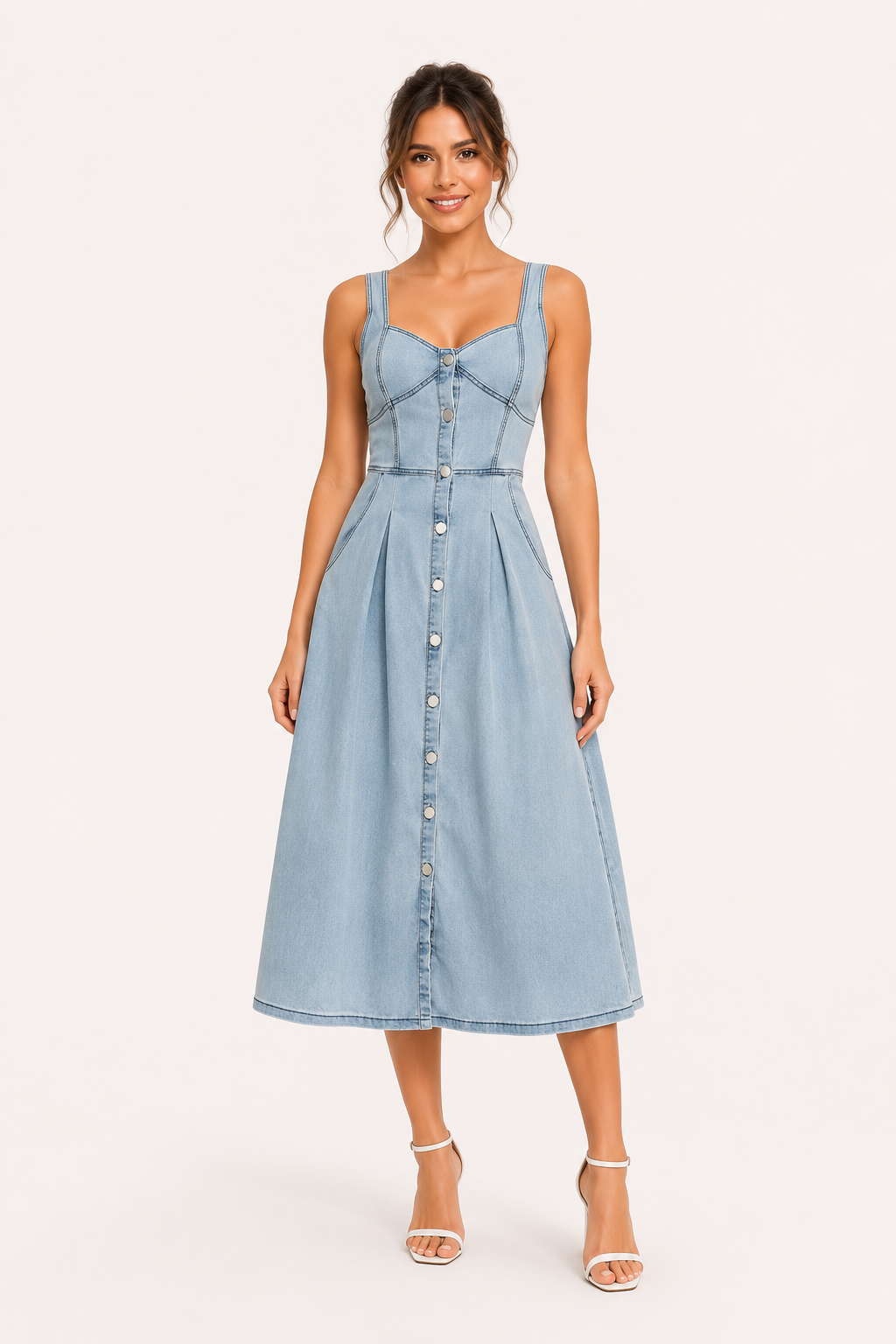 Robe midi en denim à larges bretelles pour femme - Brigitte