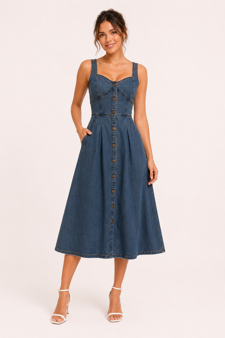 Robe midi en denim à larges bretelles pour femme - Brigitte