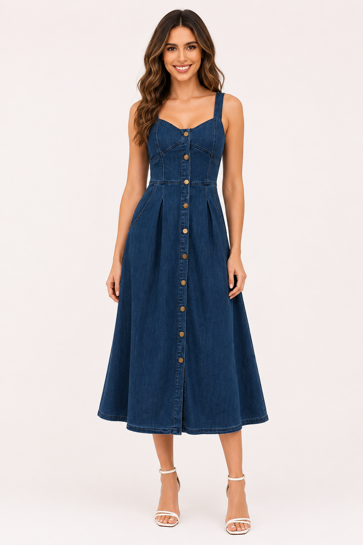 Robe midi en denim à larges bretelles pour femme - Brigitte