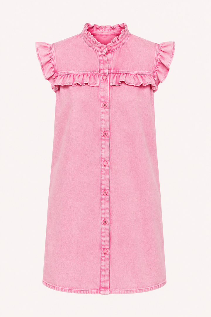 Robe courte en denim pour femme avec volants et boutons décontractés - Meike