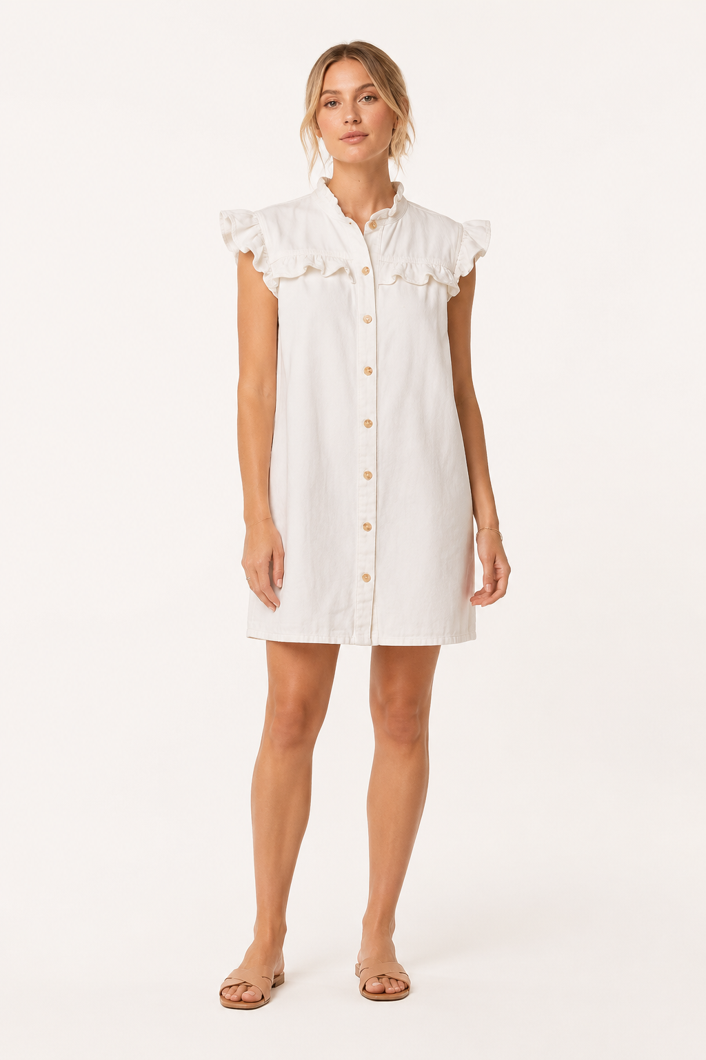Robe courte en denim pour femme avec volants et boutons décontractés - Meike