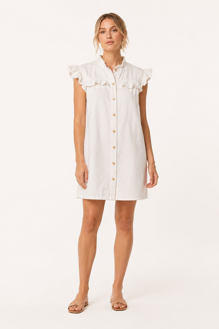 Robe courte en denim pour femme avec volants et boutons décontractés - Meike