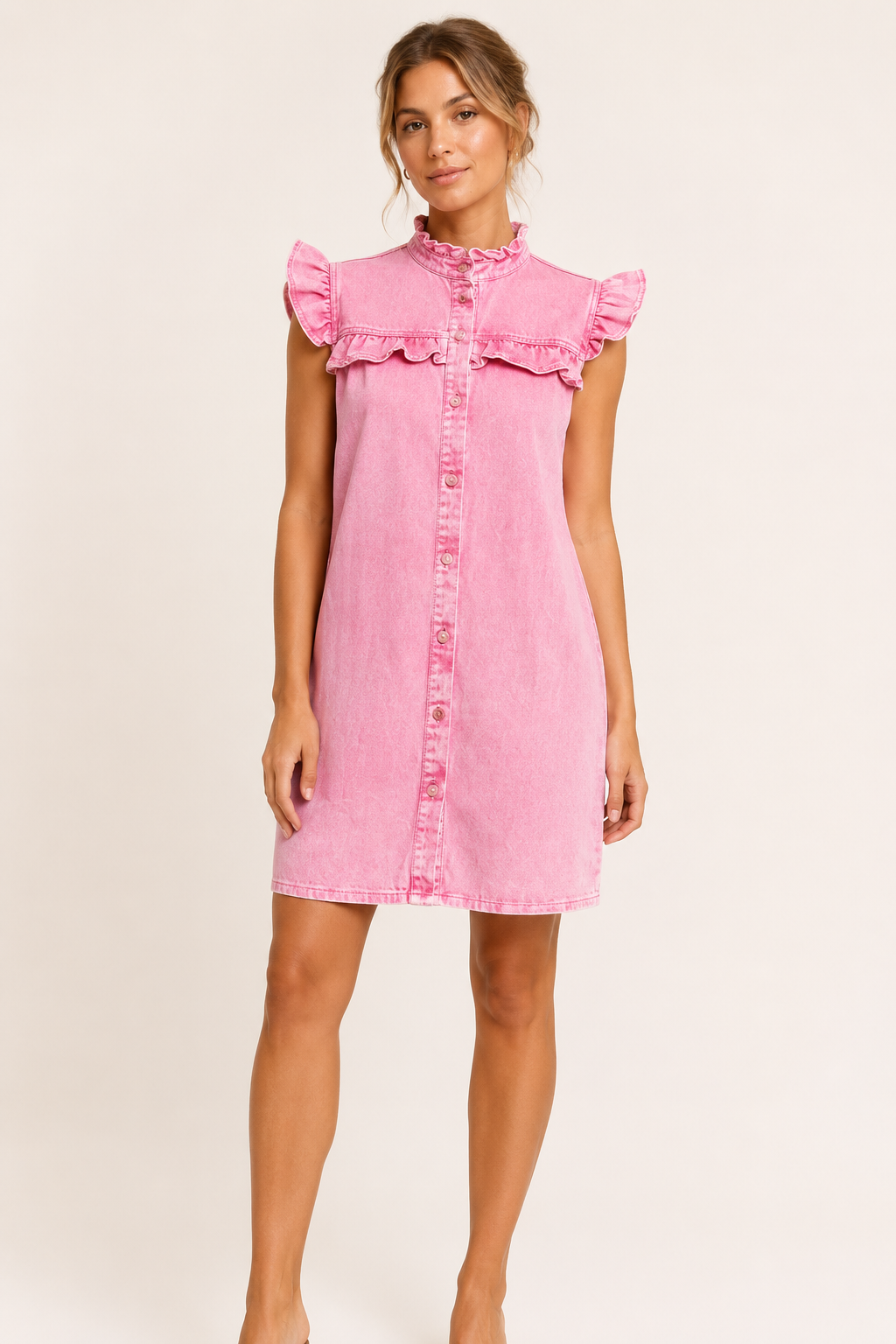 Robe courte en denim pour femme avec volants et boutons décontractés - Meike