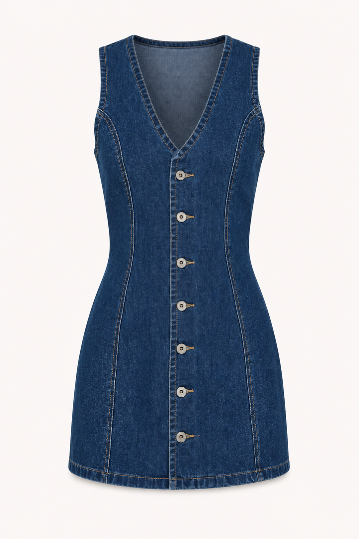 Robe courte en denim avec boutons en V pour femme - Ilse