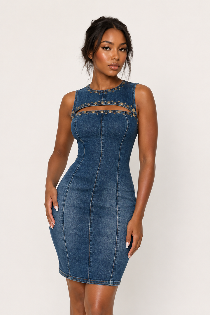 Robe courte en denim à détails métalliques pour femme - Karol