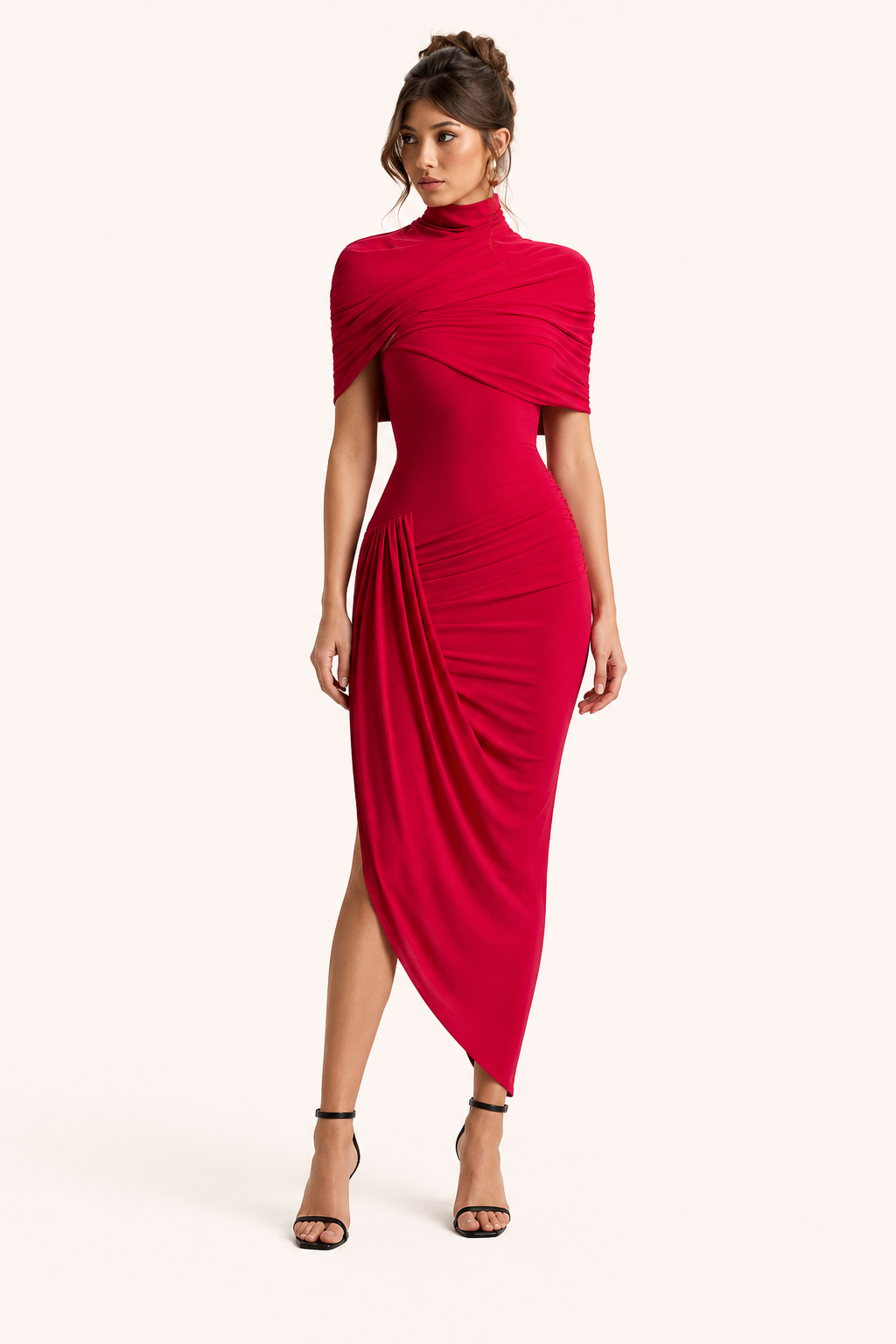Robe midi femme élégante à col roulé pour invités de mariage - Katja