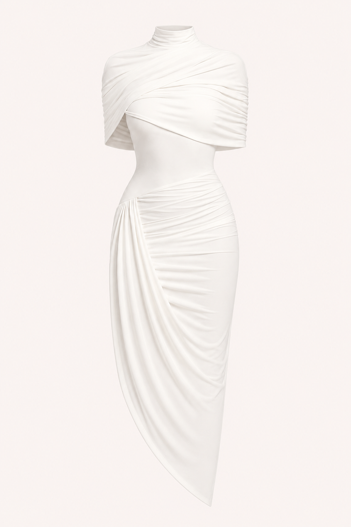 Robe midi femme élégante à col roulé pour invités de mariage - Katja