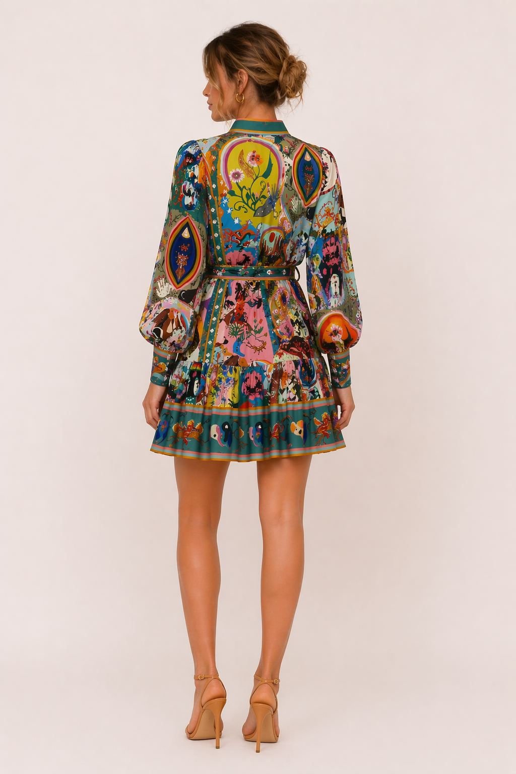 Robe courte imprimée manches longues femme ceinturée - Iria
