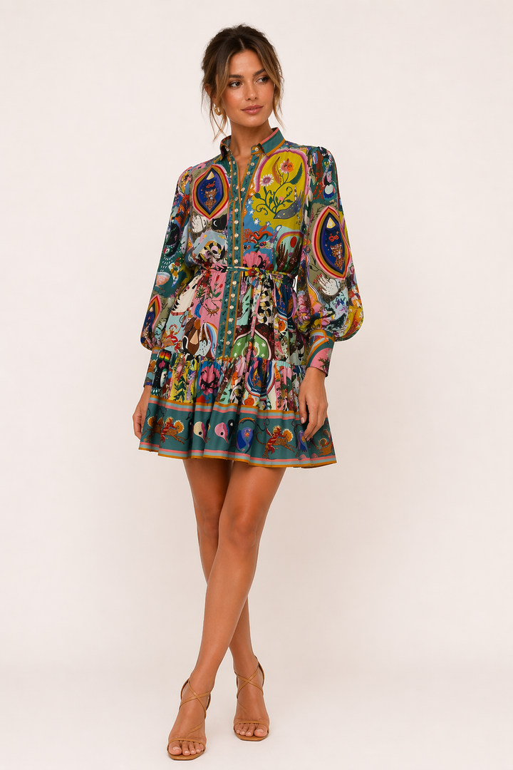 Robe courte imprimée manches longues femme ceinturée - Iria
