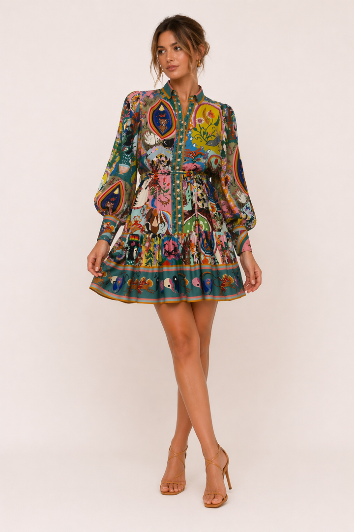 Robe courte imprimée manches longues femme ceinturée - Iria