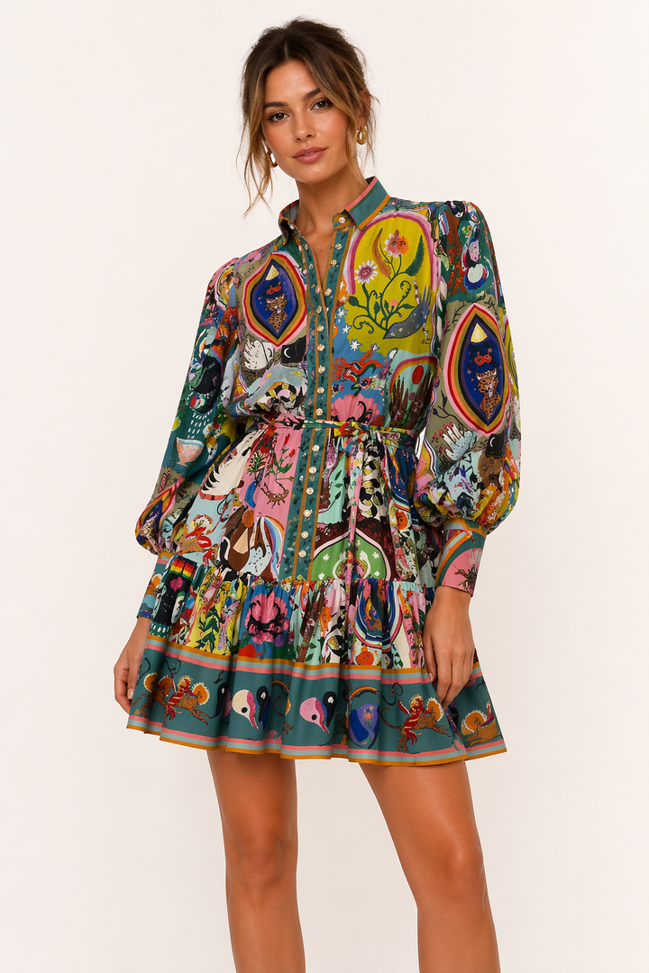 Robe courte imprimée manches longues femme ceinturée - Iria