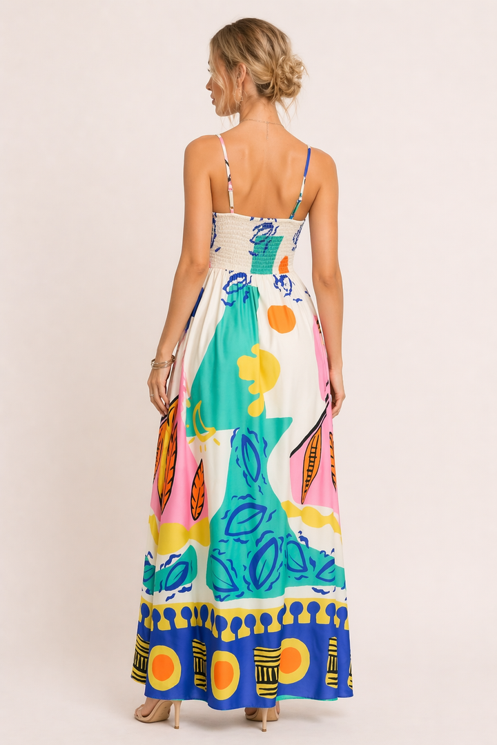 Robe longue imprimée à bretelles ouvertes pour femmes été - Aroa