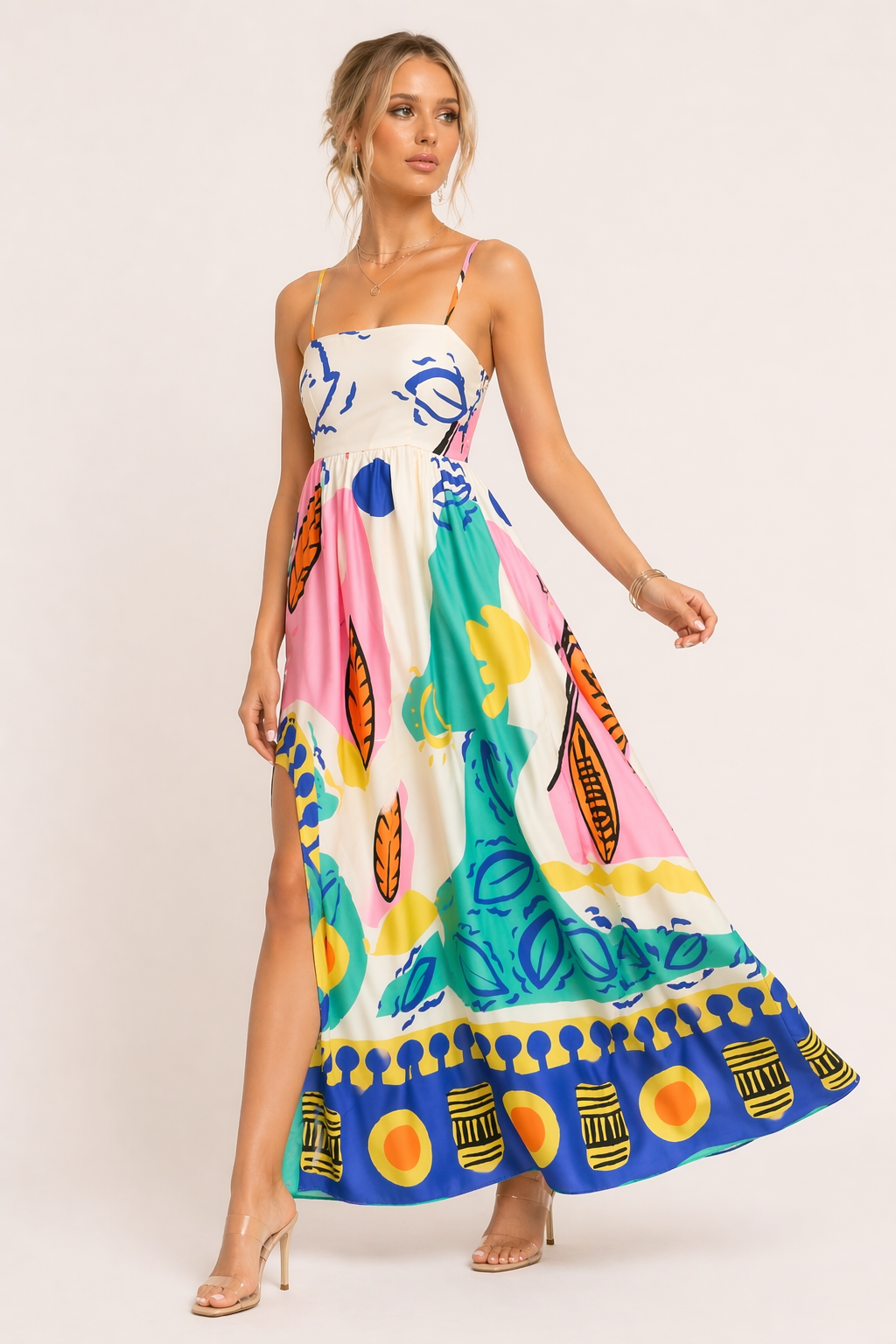 Robe longue imprimée à bretelles ouvertes pour femmes été - Aroa