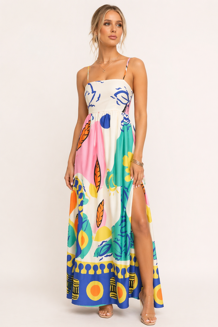Robe longue imprimée à bretelles ouvertes pour femmes été - Aroa