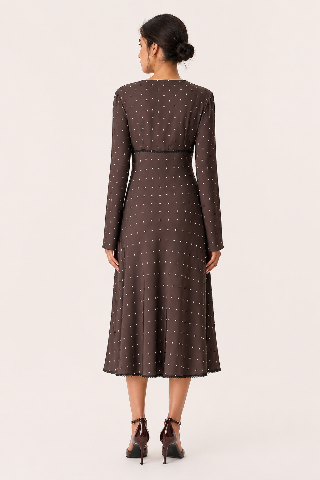 Robe midi pour femme, manches longues, décontractée, col en V, à pois - Ottilie