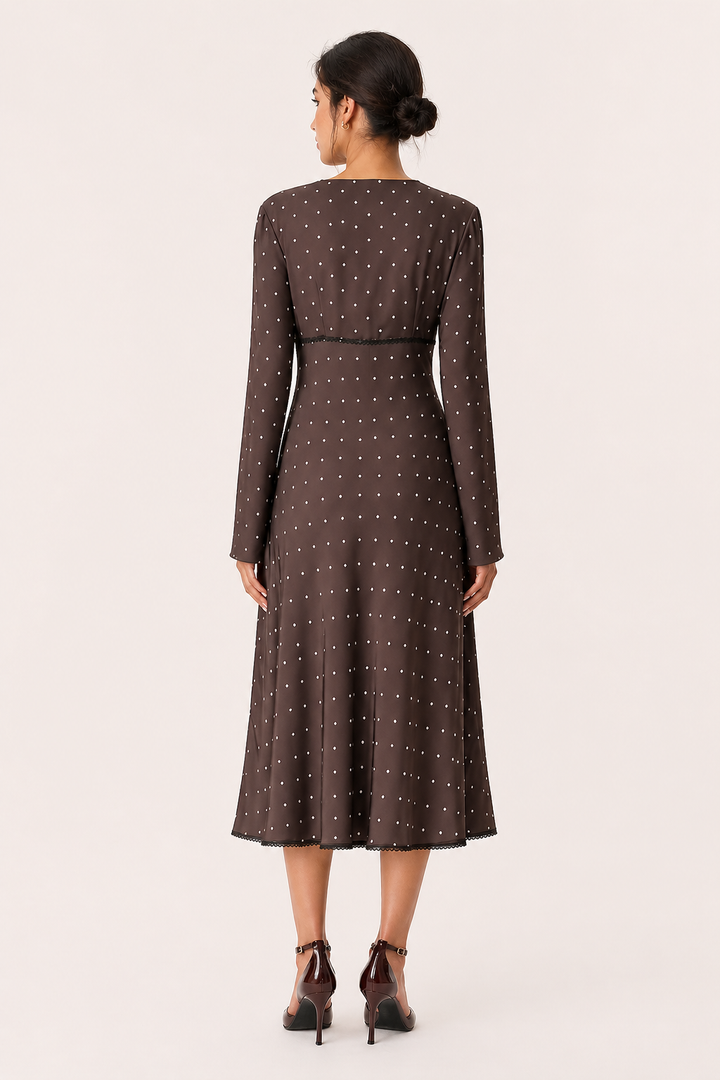 Robe midi pour femme, manches longues, décontractée, col en V, à pois - Ottilie