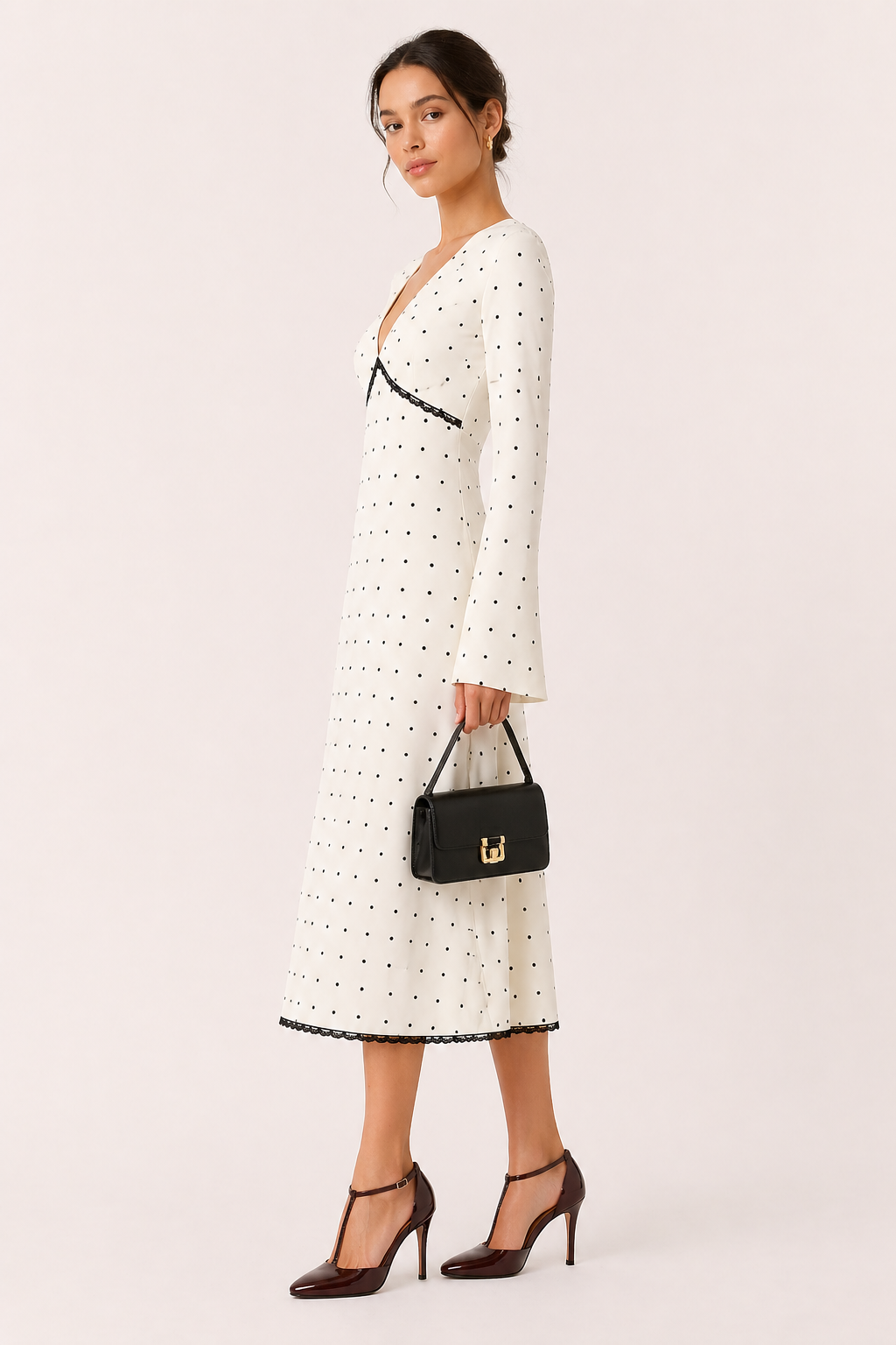 Robe midi pour femme, manches longues, décontractée, col en V, à pois - Ottilie