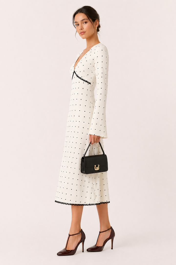 Robe midi pour femme, manches longues, décontractée, col en V, à pois - Ottilie