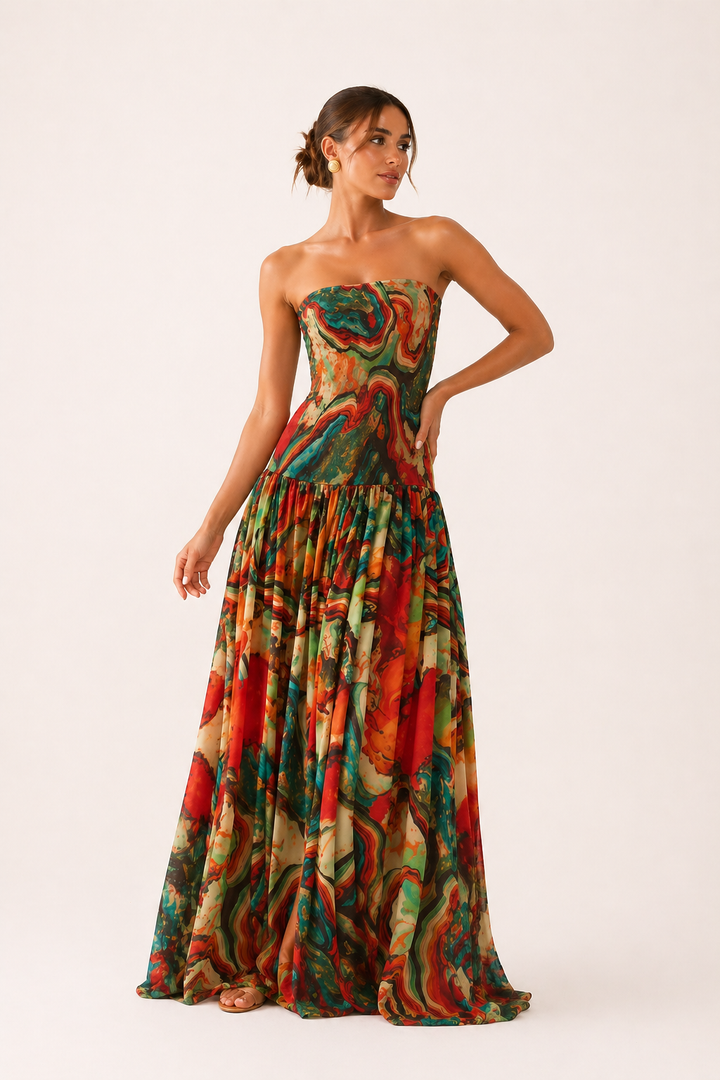 Robe longue femme imprimée sans bretelles - Hellen