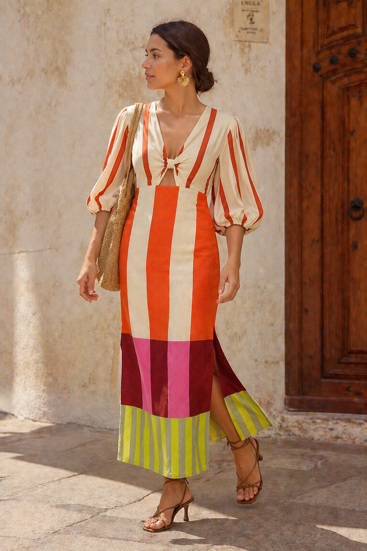 Robe midi rayée à manches longues avec fente latérale pour femmes - Frida