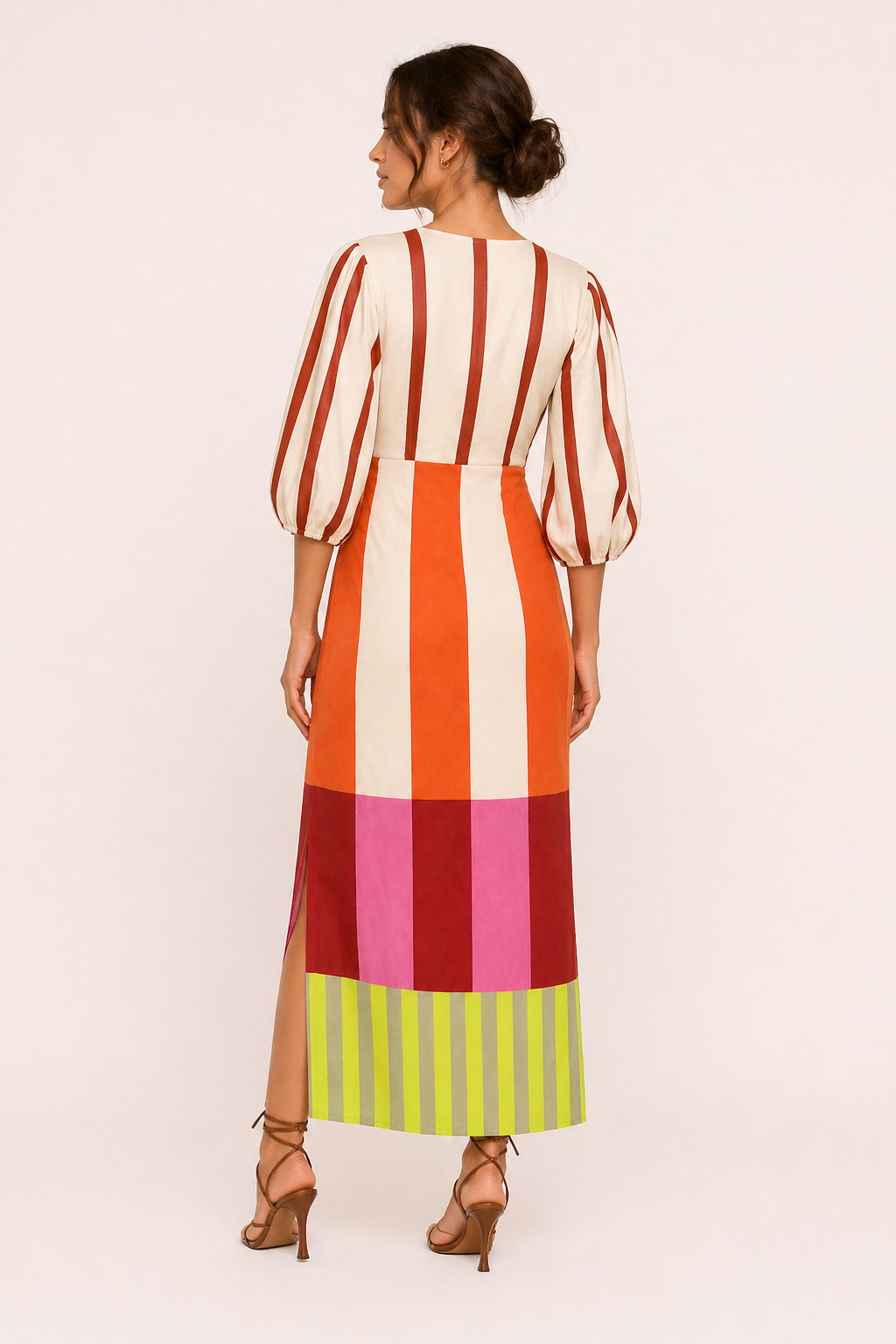 Robe midi rayée à manches longues avec fente latérale pour femmes - Frida