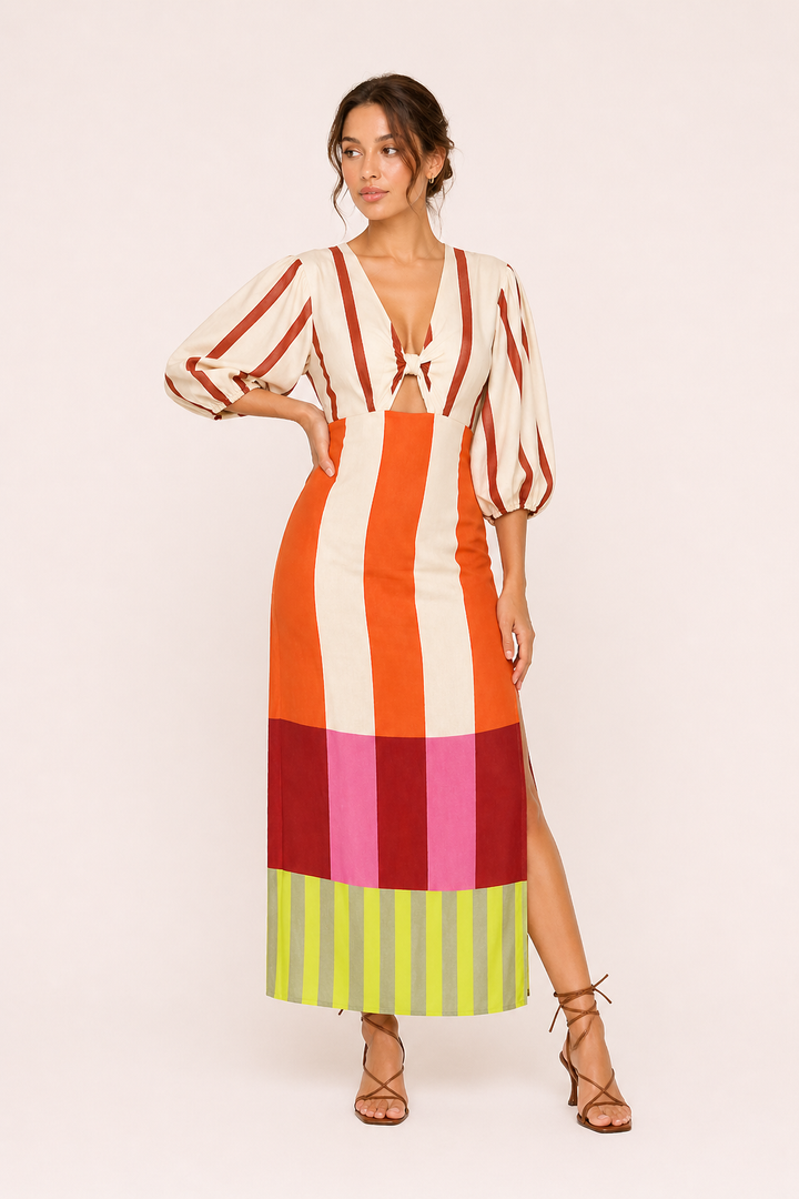 Robe midi rayée à manches longues avec fente latérale pour femmes - Frida