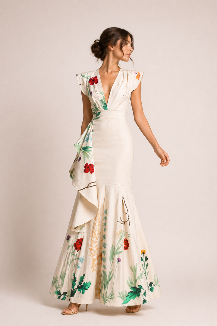 Robe longue et fleurie avec décolleté en V pour les femmes qui font la fête - Elke
