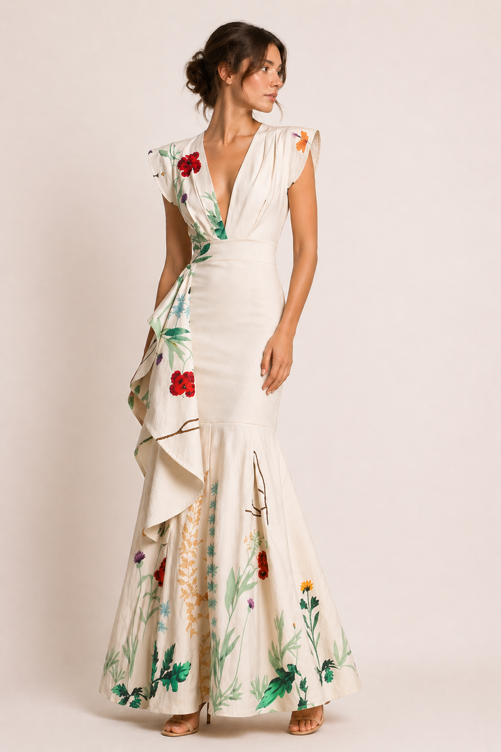 Robe longue et fleurie avec décolleté en V pour les femmes qui font la fête - Elke